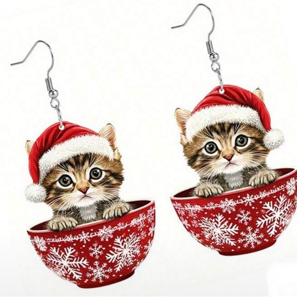 Festive Kitten Earrings with Santa Hat